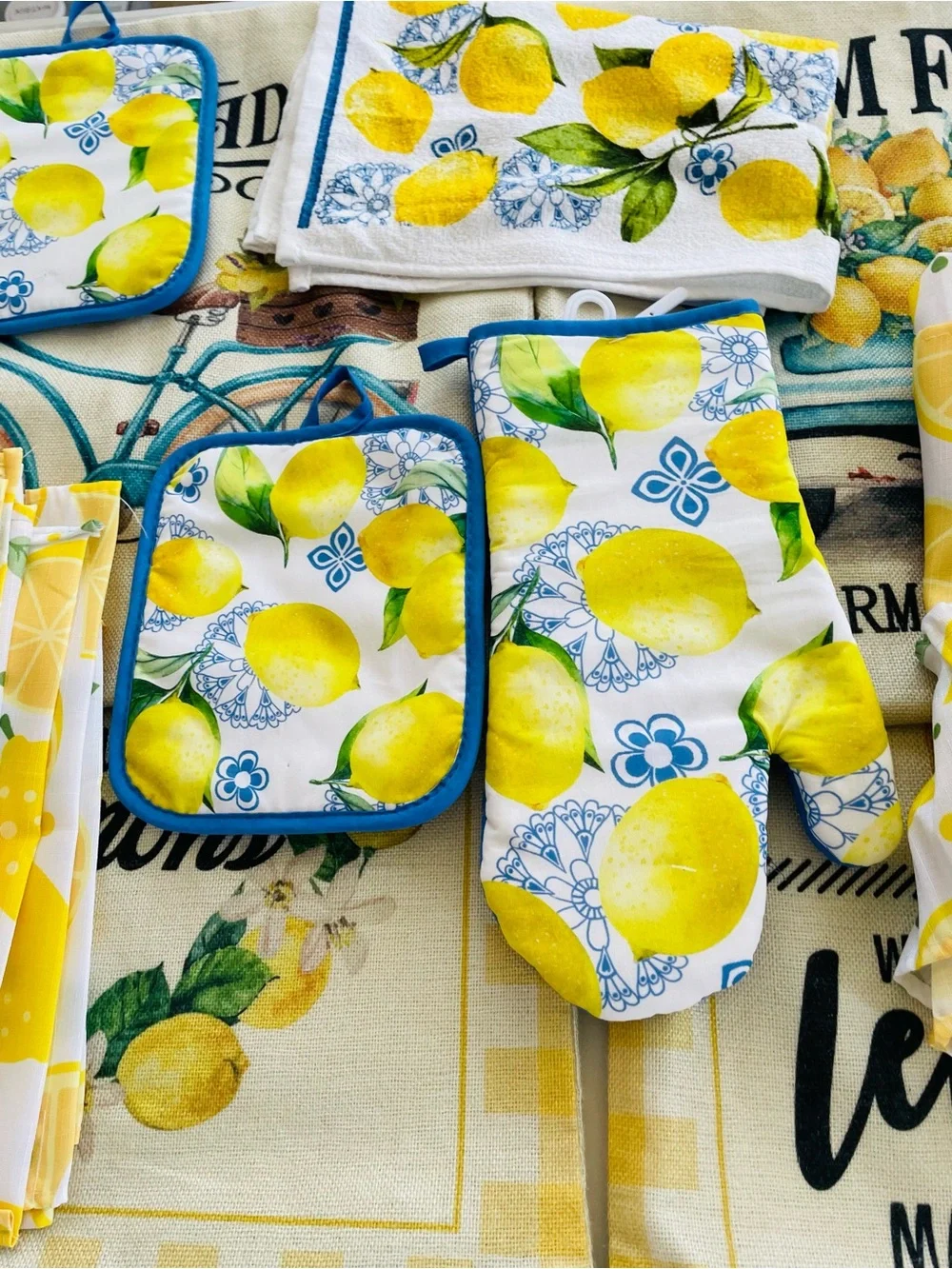 10pcs Lemon Print Kitchen Linen Set - Yellow